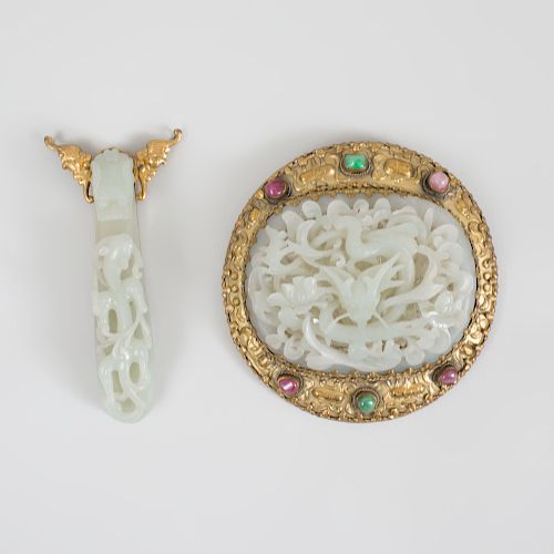 Two Chinese Gilt-Metal-Mounted Jade Articles