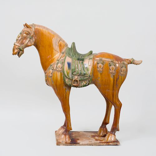 Chinese Tang Style Glazed Pottery Large Figure of a Saddled Horse