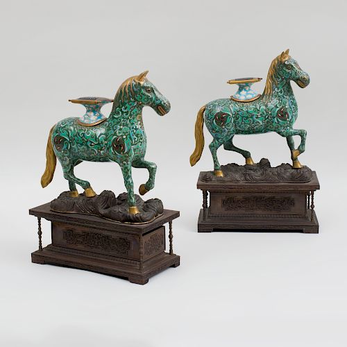 Pair of Chinese Green Ground Cloisonné Horses