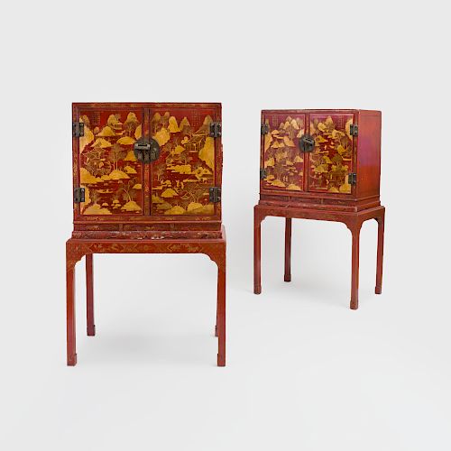 Pair of Chinese Export Bronze-Mounted Red Lacquer and Parcel-Gilt Cabinets on Later Stands