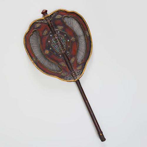Japanese Mother-of-Pearl Inlaid Wood and Painted Gunbai War Fan