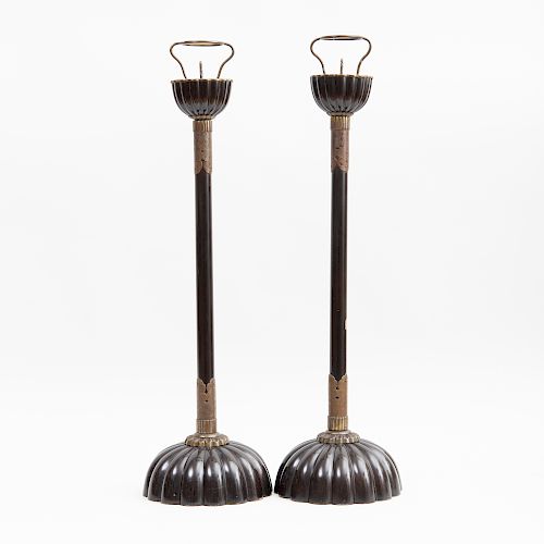 Pair of Japanese Brass-Mounted Lacquer Tall Candlesticks