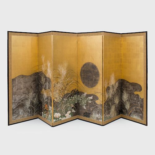 Japanese Painted with Gold and Silver Leaf Six Panel Screen
