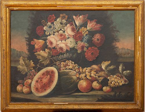 Continental School: Still Life of Flowers, Fruit and Vegetables 