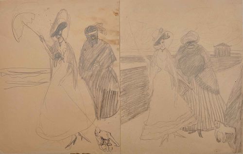 LYONEL FEININGER, (American/German, 1871-1956), (Two Women with Monkey)