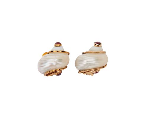 SEAMAN SCHEPPS 14K Gold, Shell, and Ruby Earclips