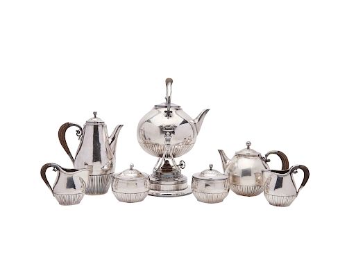 GEORG JENSEN Seven Piece Silver Coffee and Tea Service, Cosmos pattern