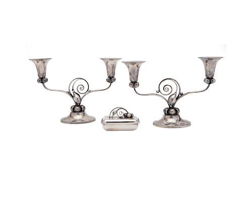 Pair of ALPHONSE LA PAGLIA International Silver Company Two Light Candelabra, together with a complimentary match box, snuffer, cigarette box, and an 