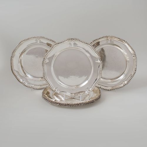 Assembled Set of Six George II and George III Crested Silver Second Course Plates