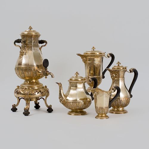 Cardeilhac Silver-Gilt Four Piece Tea and Coffee Service and a Gilt-Metal Hot Water Urn on Warming Stand