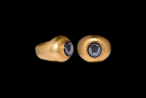 Roman Nicolo Lion Mask Gemstone in Gold Ring
