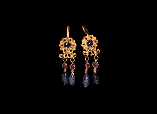 Gold Floral Earrings with Large Sapphire Drops