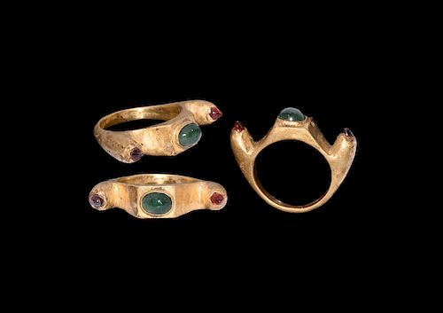 Gold Turret Ring with Emerald and Garnets