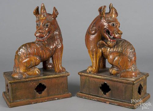 Pair of pottery foo lion figures, 17 1/4'' h.