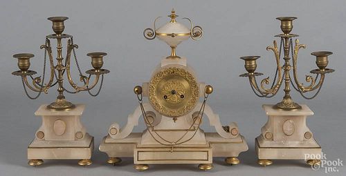 French gilt-brass mantel clock and garniture, 19th c., 13 1/4" h.