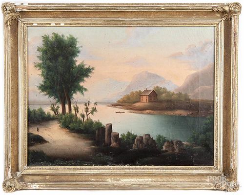 Continental oil on canvas sunset landscape, 19th c., 18'' x 24''.