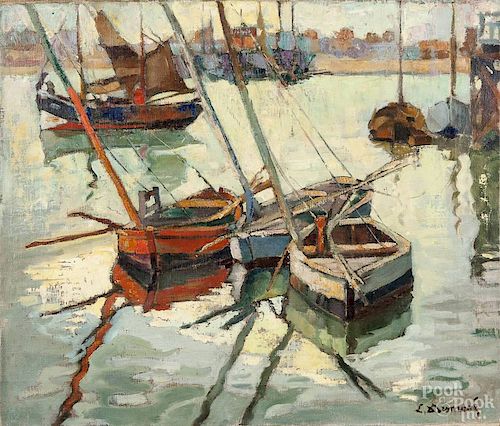 Lucien Desmare (Belgium 1905-1961), oil on canvas nautical dock scene, signed lower right