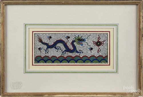 Chinese cloisonné plaque, 19th c., depicting a dragon over the ocean, 3'' x 7''.
