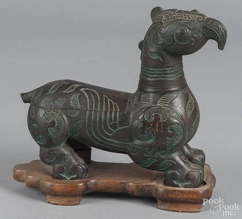 Chinese bronze griffin covered box, 8 3/4'' h.