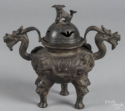 Chinese bronze censer with dragon handles, 8 3/4'' h.