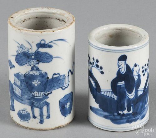 Two Chinese blue and white porcelain brush pots, 4 3/4'' h. and 4'' h.
