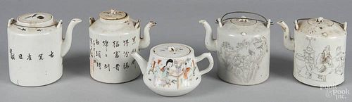 Five Chinese export porcelain teapots, tallest - 5 1/4''.