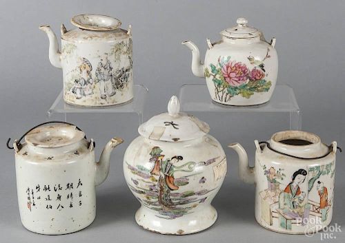 Four Chinese export porcelain teapots, together with a ginger jar, tallest - 8''.