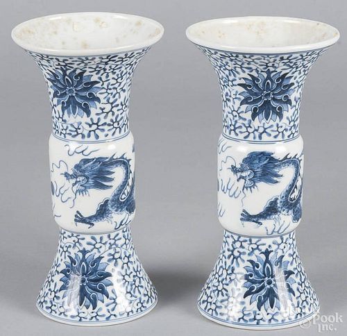Pair of Chinese blue and white porcelain dragon vases, 10'' h.