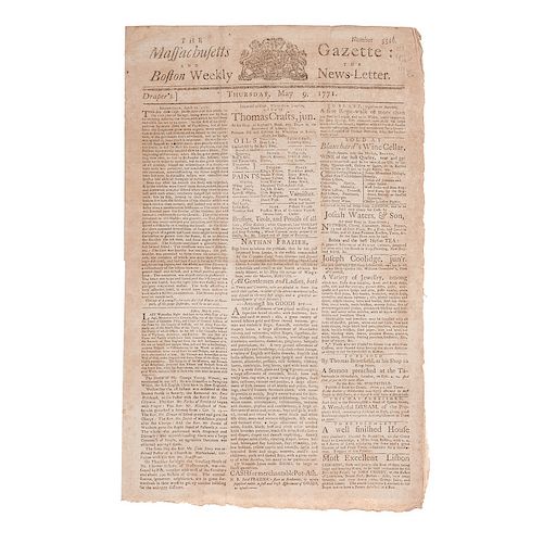 The Massachusetts Gazette and Boston Weekly News-Letter, May 9, 1771, with Election of Hancock, Sam Adams, et al. in Boston Massacre Aftermath
