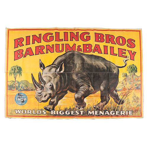 Ringling Brothers Barnum and Bailey "World's Biggest Menagerie" Canvas Banner Featuring Rhino, Ca 1940s