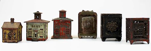 six ca 1900 cast iron & tin still banks