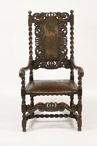 Stained Wood Carolean Style Armchair, 19th C.