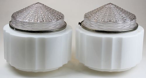 2 Art Deco milk glass store light fixture globes