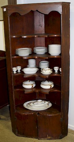 19th c. pine corner cupboard with shaped shelves