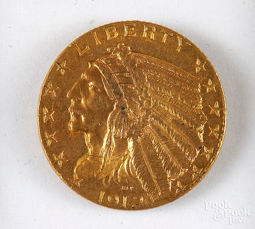 1912 five dollar Indian head gold coin.