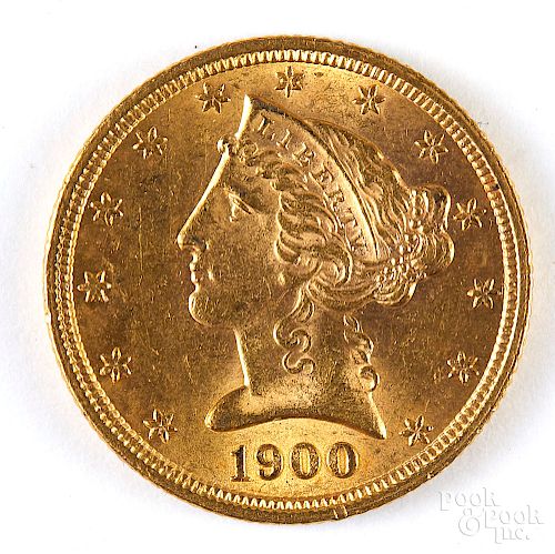 1900 five dollar Liberty head gold coin.