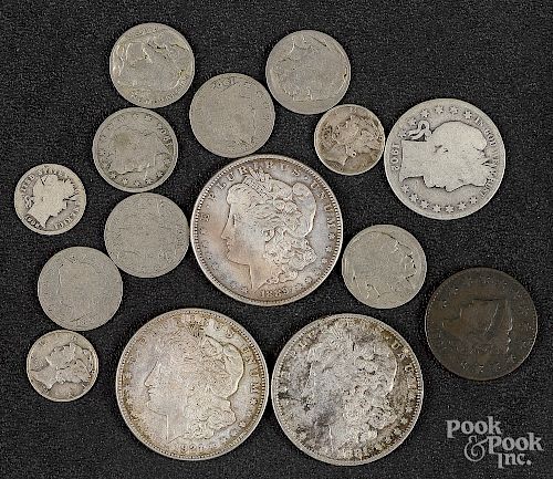 Three Morgan silver dollars, etc.