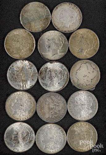 Six Morgan silver dollars, etc.