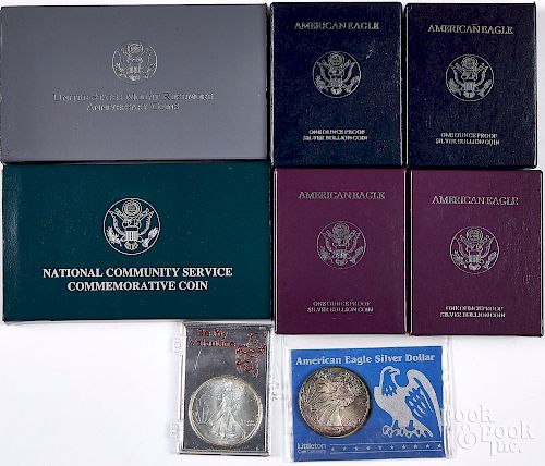 Six American eagle 1 ozt. silver coins, etc.