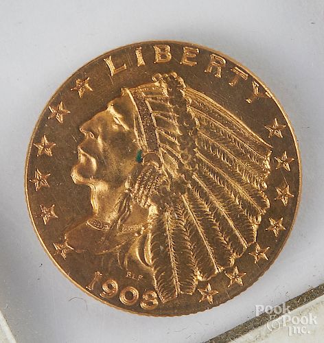 1908 two and a half dollar Indian head gold coin.
