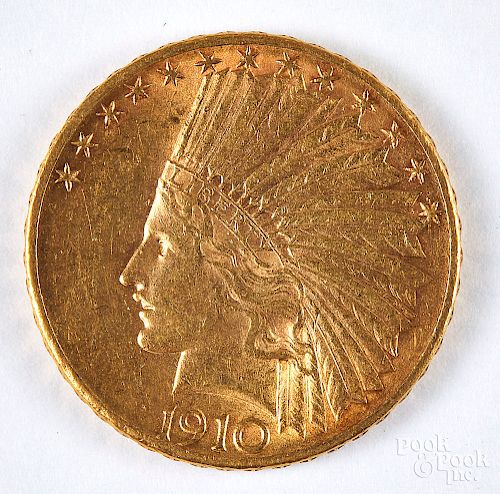 1910 D Indian head ten dollar gold coin.