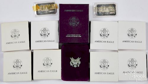 Ten American eagle 1 ozt. fine silver coins, etc.