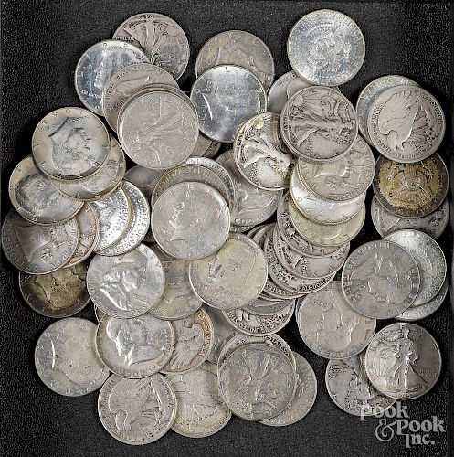 Twenty-seven 1964 Kennedy half dollars, etc.