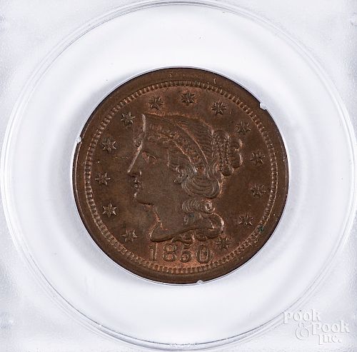 1850 one cent Busted Liberty NCGS MS 64RB.