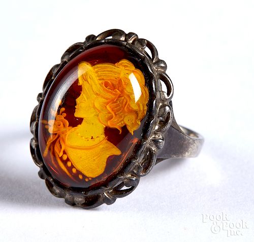 Sterling silver reverse carved amber ring.