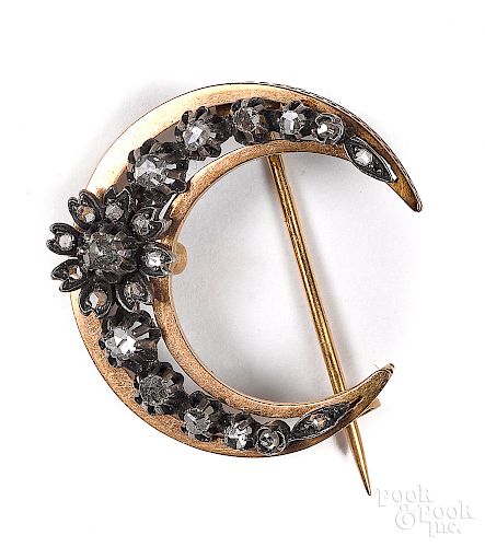 Antique 18K gold and diamond moon pin