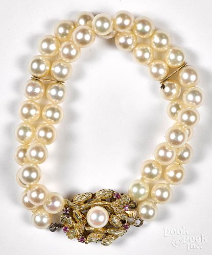 Double strand pearl bracelet, with 14K gold clasp