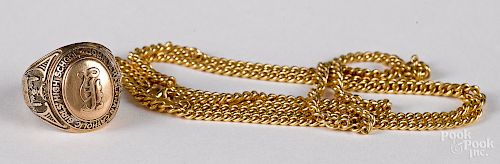 10K yellow gold class ring and necklace, 13.2 dwt