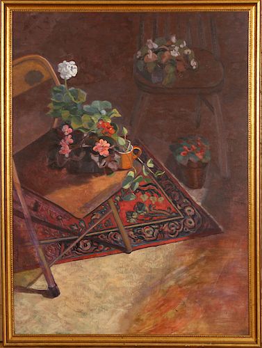 FLOWERS ON CHAIRS OIL ON CANVAS SIGNED