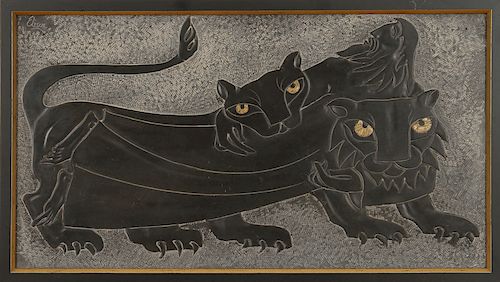CARVED AND INCISED PANTHERS ON SLATE SIGNED